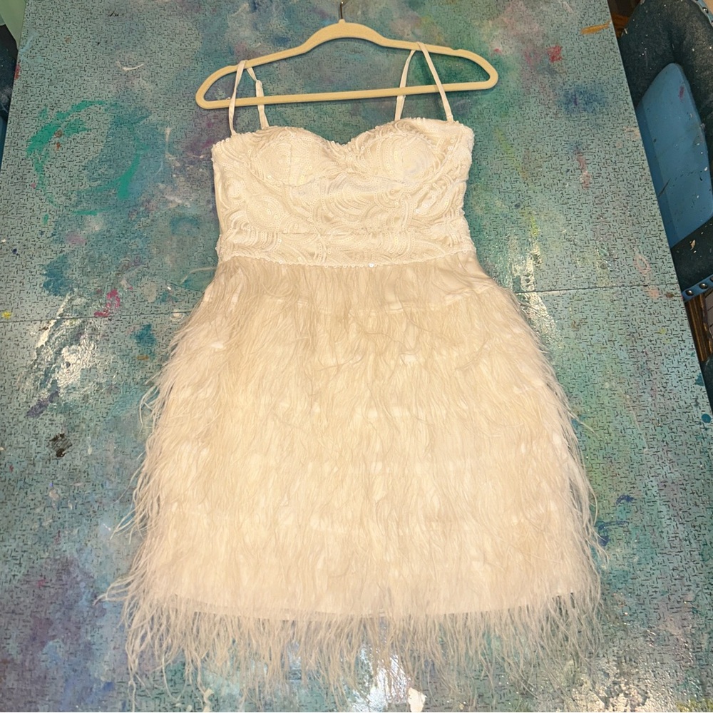 bebe White Feathered Dress